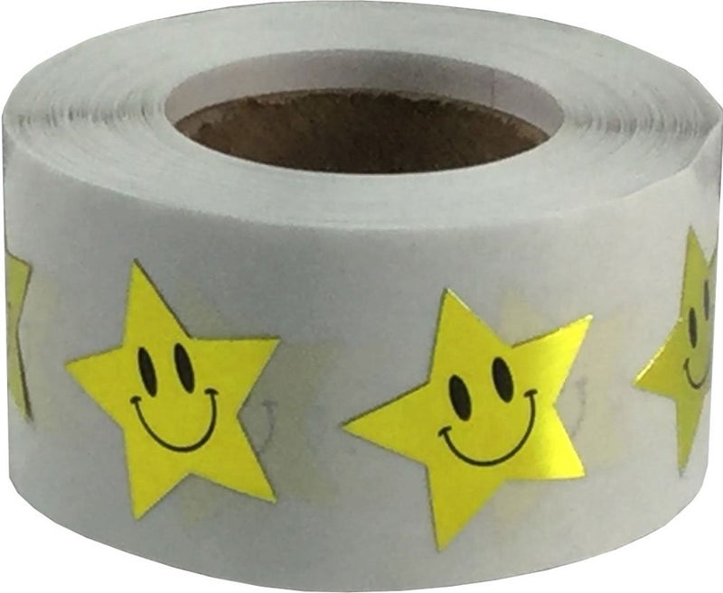 Metallic Gold Happy Face Star Shape Stickers 0.75 Inch 500 Adhesive Labels